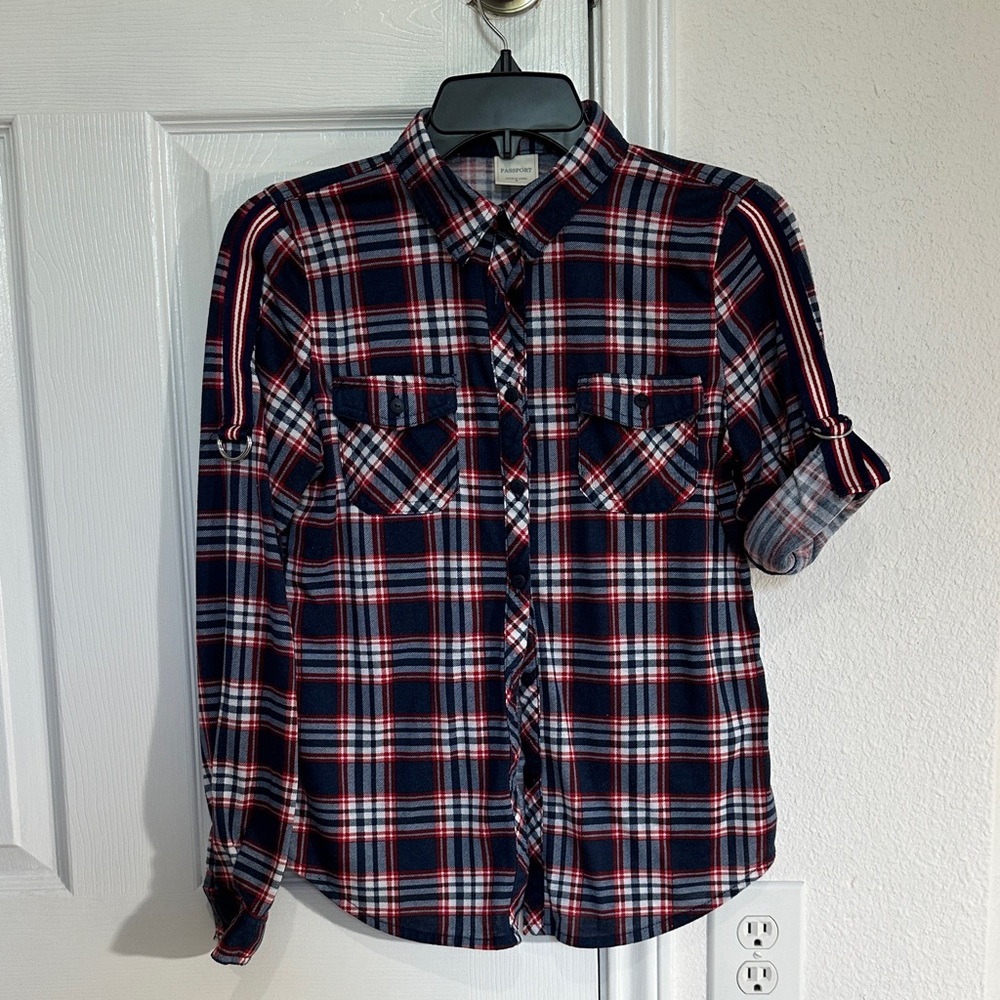Passport Women's Navy and Red Plaid Long Sleeve Shirt